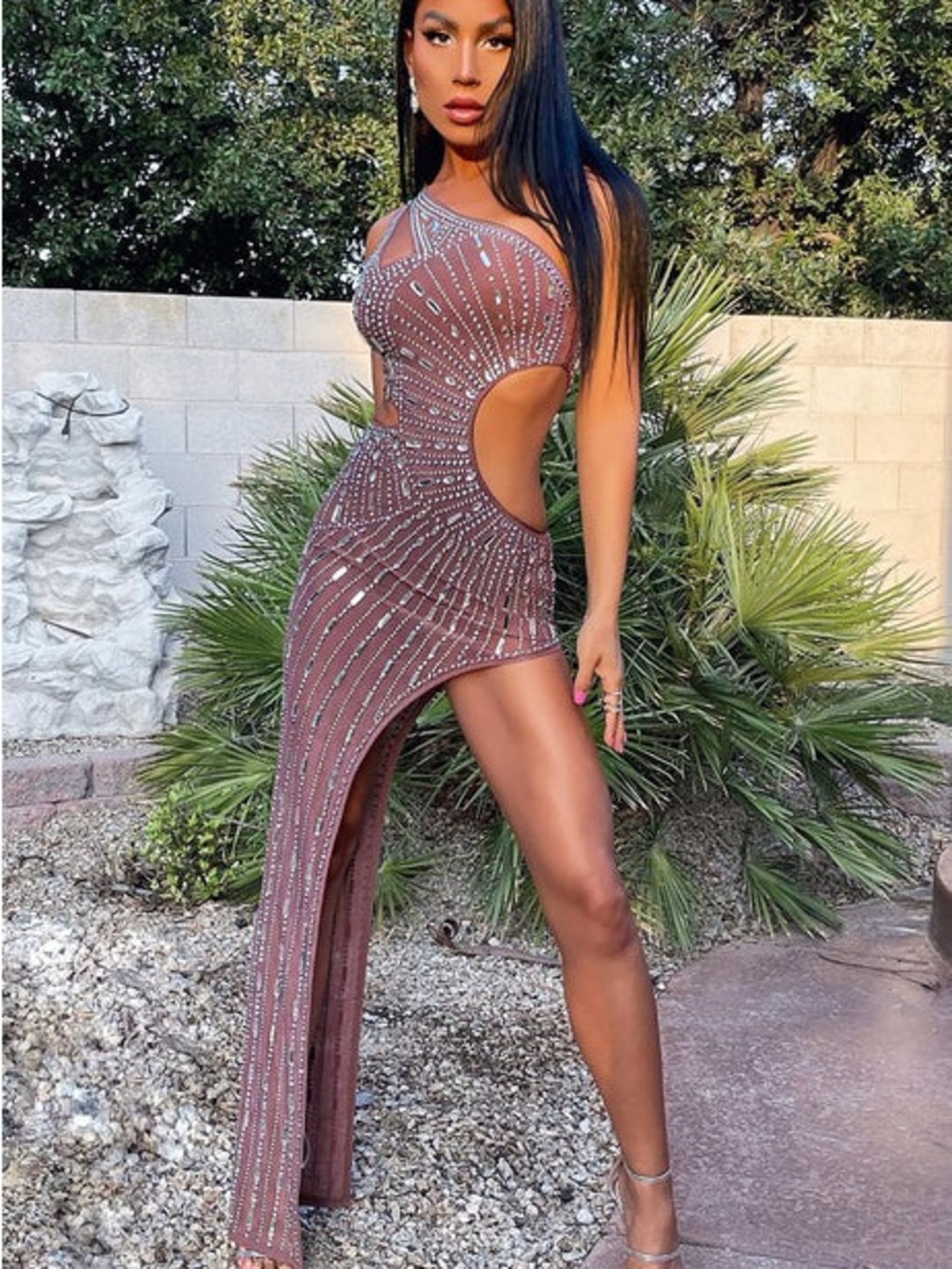 Beaded Cutout High-Slit Evening Dress in Mauve